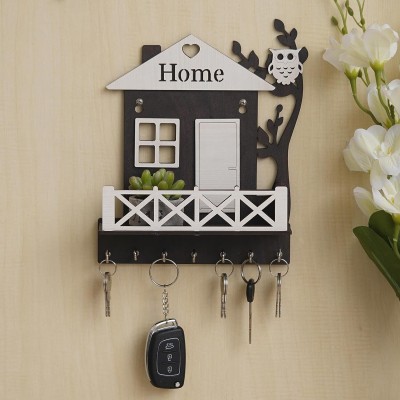 DecorHouse Premium 'HOME' Wooden Key Holder for Home/Office Decor Wood Key Holder(7 Hooks, Black, White)