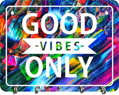 Phirki Studio Stylish Good Vibes Only Wooden Key Hanger Wall Decor, Wood Key Holder(5 Hooks, Multicolor)