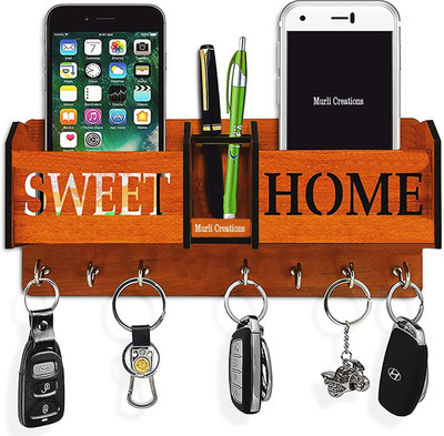 Dheeraj Creation Special Designer Sweet Home Unique Wooden 2 Pocket Mobile and Pen holder Wood Key Holder(7 Hooks, Brown)