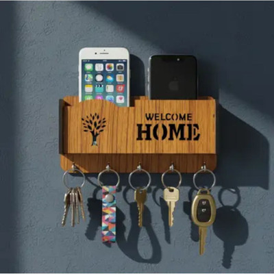 ALFCLOTHHOUSE Welcome Home Wooden Wall Key Holder – Rustic Key Rack for Entryway Wood Key Holder(5 Hooks, Brown)