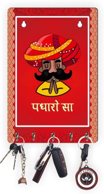 KK CRAFT Ganesh Print Wooden Key Holder, Key Holder For Keys, Keys Stand Wood Key Holder(7 Hooks, Red)