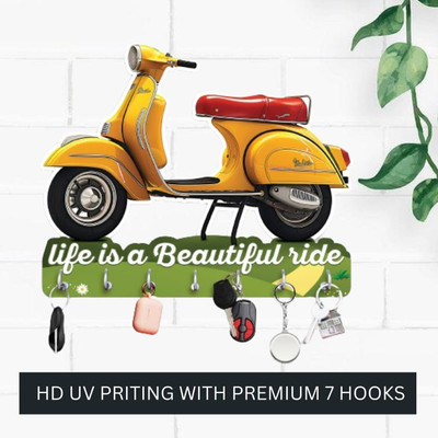 KAAC HANDICRAFTS Scooter Shape and Life Is A Journey Wooden Printed Wood Key Holder(7 Hooks, Multicolor)