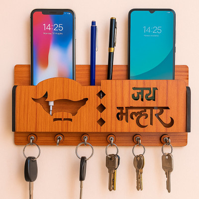 Sushobha traders Designer Wooden Engraved Jai Malhar Multi-Functional Wall Mounted Wood Key Holder(6 Hooks, Brown)
