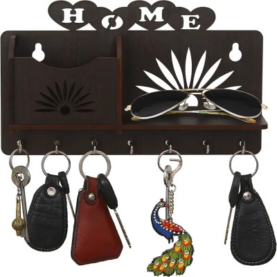 Avelux Wooden Wall Key Holder with “Home” Design | Sunglass Shelf & Letter Wood Key Holder(7 Hooks, Brown)