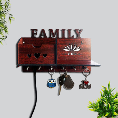 Phirki Studio Wooden Phone Stand And Pen Stand Keyholder / Keyholder for Wall Decor, Wood Key Holder(6 Hooks, Brown)