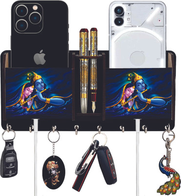 KK CRAFT Krishna Print Wooden Key Holder With Two Box Storage For Home Decor Stylish Wood Key Holder(7 Hooks, Black)