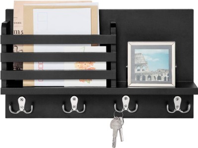 Woodkartindia Wooden Key and Mail Holder for Wall Decorative - Mail Organizer Wall Mount Wood Key Holder(4 Hooks, Black)