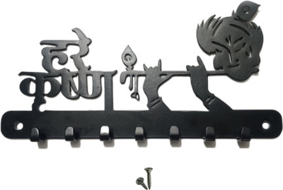 Minicandy Enterprises Hare Krishna Metal Key Holder for Wall – 7 Hooks, Decorative Iron Key Hanger Iron Key Holder(7 Hooks, Black)