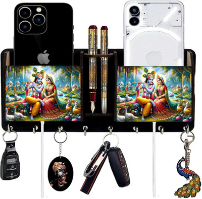 Khushansh Crafts Printed Radha krishna wooden key holders with two pockets and pen holder Wood Key Holder(7 Hooks)