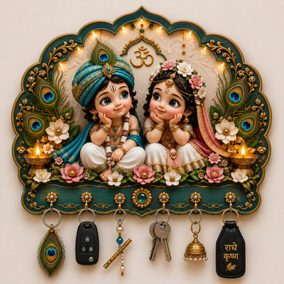 Shivmaan Art Premium Radha Krishna Wooden Key Holder for Home Decor Wood Key Holder(6 Hooks, Multicolor)