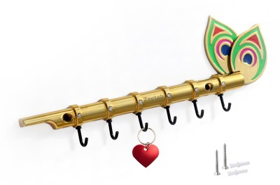 Zeetab Big Flute Krishna Key Holder with Diamond & 6 Hooks Steel Key Holder(6 Hooks, Gold)