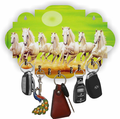 Naval Craft 7 Horses Beautiful Wooden Key Holder For Home Decor Wood Key Holder(7 Hooks, Green)