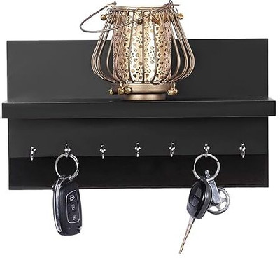 SIWOZ Wood Wall Mounted Key Holder with Storage Shelf Wood Key Holder(5 Hooks, Black)