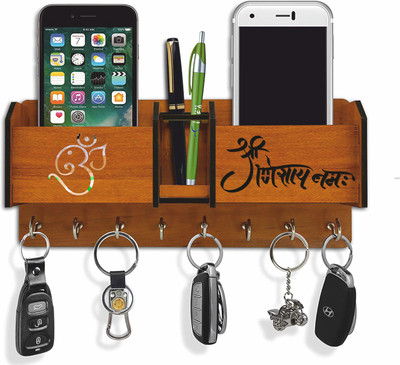 APS Art Plus Store Om Shree Ganeshay Namh Wood Key Holder With mobile Stand And Storage Box Wood Key Holder(8 Hooks, Brown)