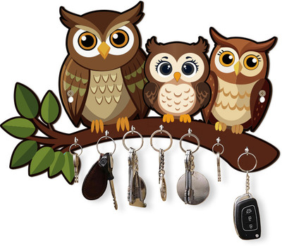 Gifteeng Owl Family Wall Decor Stylish Keychain Organizer Holder – 12x8 inch Wood Key Holder(7 Hooks, Black)