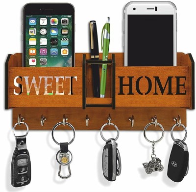 Dheeraj Creation Sweet Home Wooden Key Holder with Mobile, Pen Stand for Room Decor Wood Key Holder(7 Hooks, Brown)