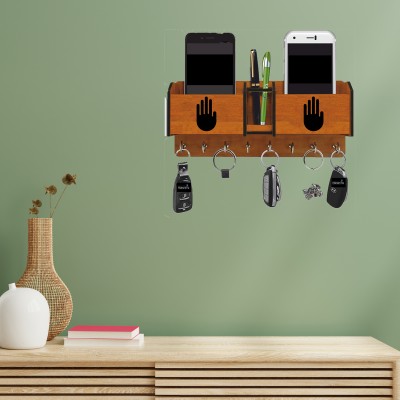 MRT Key Holder For Wall Home Design Mobile Phone Stand With Side Shelf Wood Key Holder(7 Hooks, Brown)