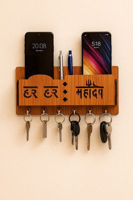 Sushobha traders Devotional Designer Har Har Mahadev Engraved Multi-Functional Wall Mounted Wood Key Holder(6 Hooks, Brown)