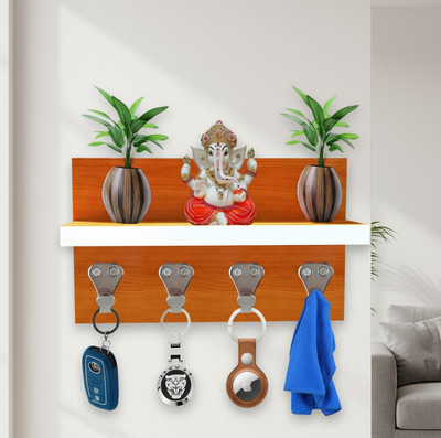 US DZIRE Multiutility key Organiser with Shelf | Wall Mounted Key Hanger for Home Decor Wood Key Holder(4 Hooks, Brown)