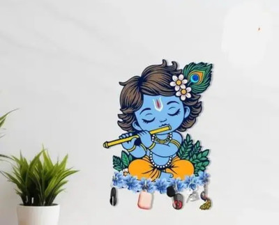 Unnati times Krishna stylish wooden printed key holder for home decor item Wood Key Holder(7 Hooks, Multicolor)