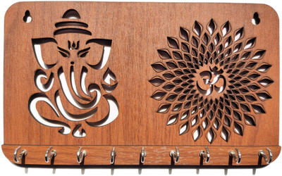 Shraddha Gift Art Wooden Wall Key Holder with Ganesh Ji & Om Design | Wood Key Holder(9 Hooks, Brown)