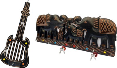 MANSHAMART Wooden Set Of 02 Key Holder Stand Beautiful Guitar Shaped / Elephant Shaped Wood Key Holder(5 Hooks, Brown)