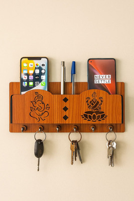 Sushobha traders Devotional Ganesh&Laxmi Engraved Wooden Multi-Functional Wall Mounted Wood Key Holder(6 Hooks, Brown)