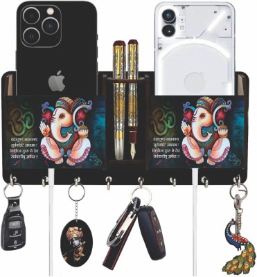 ISHATVA god ganesh Wooden 2 Pocket Mobile and Pen holder 6 Hooks Wood Key Wood Key Holder(6 Hooks, Black)