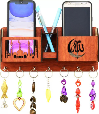 RUDRAAKSH Allah with double mobile stand and pen holder 2 Box Wood Key Holder(7 Hooks, Brown)