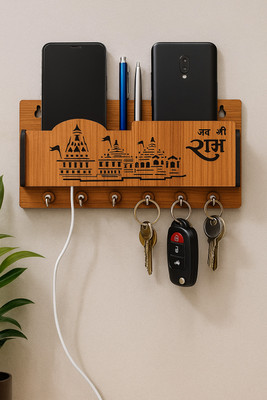 Sushobha traders Devotional Ayodhya Temple Jai Shree Ram Engraved Multi-Functional Wall Mounted Wood Key Holder(6 Hooks, Brown)