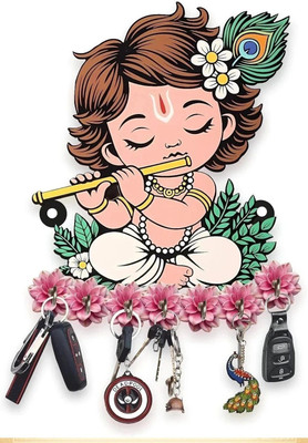 HALRE Baby Krishna Wall Hanging Key Holder | Baby Krishna Flute Design Wood Key Holder(7 Hooks, Multicolor)