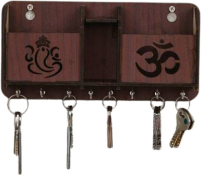 KK CRAFT Om Ganesh Wooden Key Holder With Two Storage Box Wood Key Holder Wood Key Holder(7 Hooks, Brown)