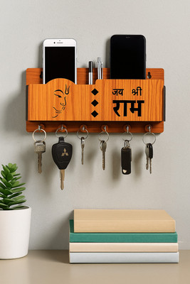 Sushobha traders Devotional Jai Shree Ram Hanuman Engraved Wooden Wall Mounted Wood Key Holder(6 Hooks, Brown)