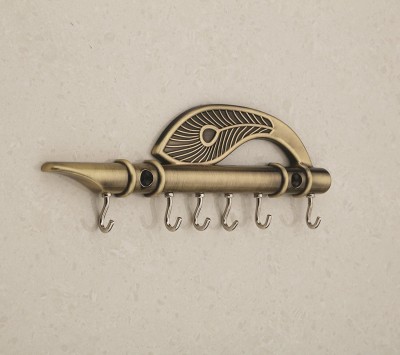 JaipurCrafts Exclusive Lord Krishna'S Flute & Peacock Quills Key Stand For Home & Office Brass Key Holder(6 Hooks, Brown)