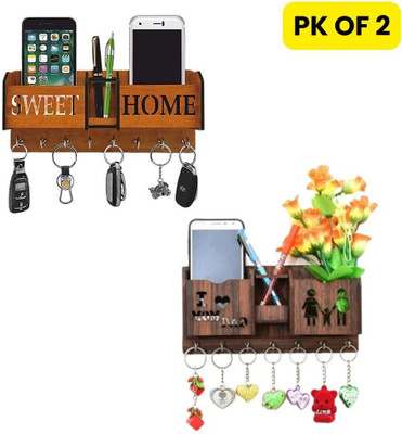 Echowood 2 Pack of Wooden Wall-Mounted Key Holder for Home, Office Wood Key Holder(8 Hooks, Brown)