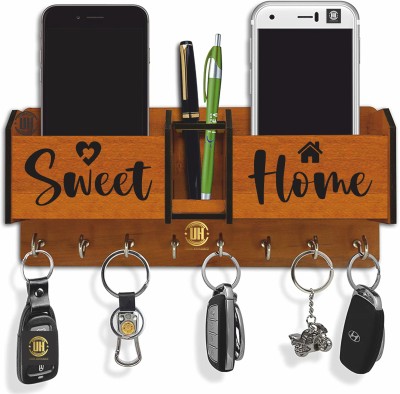 Urban handicrafts Sweet Home Unique Designer 8 hooks, 2 Pockets, mobile holder, pen holder, Wood Key Holder(8 Hooks, Brown)