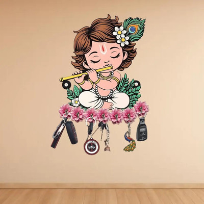 Grah Sajja Colorful Krishna Key Stand for Wall Devotional Wooden Key Hanger Wood Key Holder(7 Hooks, Multicolor)