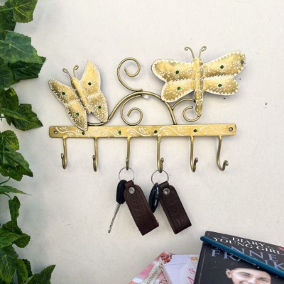 kreative garage Metal Handpainted 2 Butterfly Key Holder(heavy load) with 6Hooks Wall Art Iron Key Holder(6 Hooks, Gold)