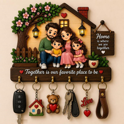 C4CRAFTS Premium Family Wooden Wall Key Holder, Key Hanger for Living Room Wood Key Holder(6 Hooks, Multicolor)