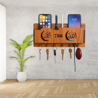 Sushobha traders Designer Engraving Allah 786 Mohammad 3 in 1 Funtion Wall Mounted Wood Key Holder(6 Hooks, Brown)