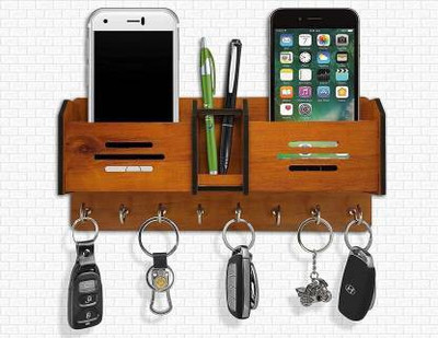 LAAYO Multipurpose 2 Pocket Pen/Accessories Stand Wood Key Holder(7 Hooks, Brown)