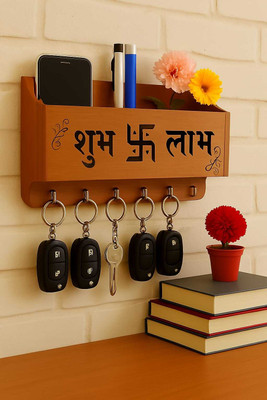 ALFCLOTHHOUSE Subh Laabh Mobile Stand Key Holder for Wall Decoration Wood Key Holder(6 Hooks, Brown)