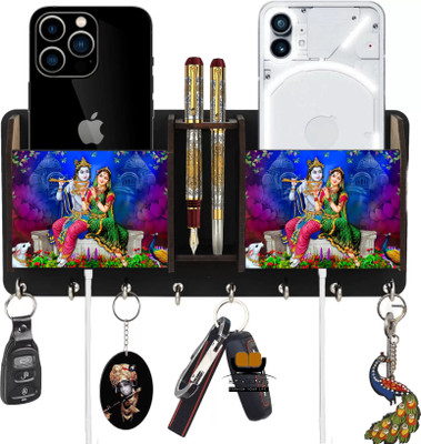 Heritagecrafts Radha Krishna Unique Wooden 2 Pocket Mobile And Pen Holder 8 Hooks Wood Key Holder  (8 Hooks, Brown) For Rs. 96 @ 88 %