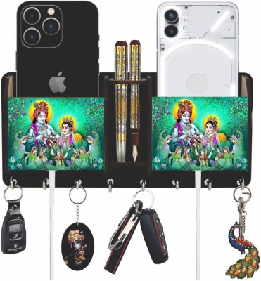 ISHATVA radha krishna Wooden 2 Pocket Mobile and Pen holder 6 Hooks Wood Key Holder Wood Key Holder(6 Hooks, Black)