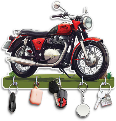 iy creations Royal Enfield Ride Wooden Decorative Wall Keyholder Wood Key Holder(5 Hooks, Multicolor)
