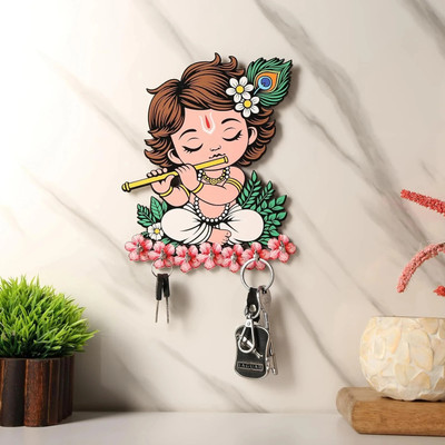 JS Art N Craft Premium Little Krishna Wooden Key Hanger For Living Room Wood Key Holder(7 Hooks, Multicolor)