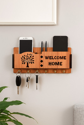 Sushobha traders Designer Wooden Engraving Tree Welcome Home Multi-Functional Wall Mounted Wood Key Holder(6 Hooks, Brown)