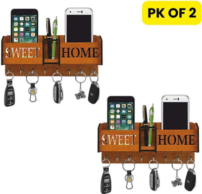 Echowood 2 Pack of Wooden Wall-Mounted Key Holder for Home, Office Wood Key Holder(8 Hooks, Brown)