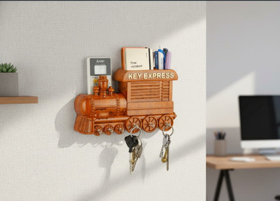 Tazky Rajdhani Train Design Key Holder – Wooden Wall Mount for Home & Office Plastic Key Holder(6 Hooks, Brown)