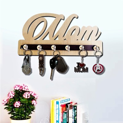 Phirki Studio Delightful Stylish Design MOM Key Hanger MDF Wooden Wall Decor, Wood Key Holder(6 Hooks, Beige, Brown)